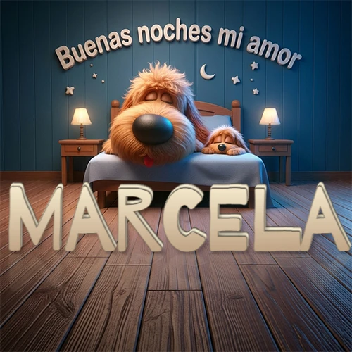 Dos perros de raza de pelaje espeso durmiendo juntos plácidamente en una cama cómoda, sobre ellos la frase 'Buenas noches mi amor' en una pared azul tranquila decorada con estrellas y una pequeña luna, con lámparas laterales cálidas. El nombre está en un prominente texto 3D en el piso de madera frente a la cama. Nombre personalizado: Marcela. Dos perros de raza de pelaje espeso durmiendo juntos plácidamente en una cama cómoda, sobre ellos la frase 'Buenas noches mi amor' en una pared azul tranquila decorada con estrellas y una pequeña luna, con lámparas laterales cálidas. El nombre está en un prominente texto 3D en el piso de madera frente a la cama. Nombre personalizado: Marcela.