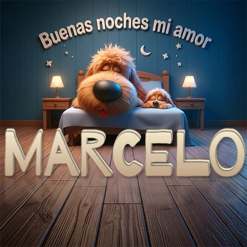 Dos perros de raza de pelaje espeso durmiendo juntos plácidamente en una cama cómoda, sobre ellos la frase 'Buenas noches mi amor' en una pared azul tranquila decorada con estrellas y una pequeña luna, con lámparas laterales cálidas. El nombre está en un prominente texto 3D en el piso de madera frente a la cama. Nombre personalizado: Marcelo.