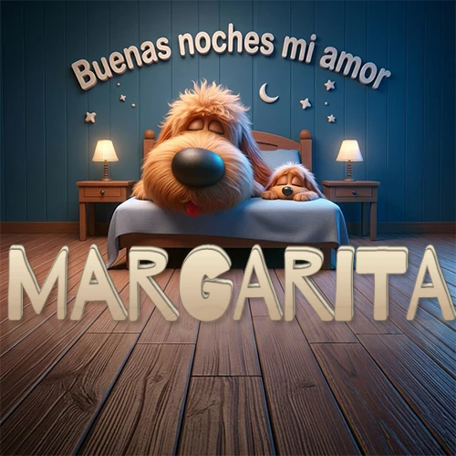 Dos perros de raza de pelaje espeso durmiendo juntos plácidamente en una cama cómoda, sobre ellos la frase 'Buenas noches mi amor' en una pared azul tranquila decorada con estrellas y una pequeña luna, con lámparas laterales cálidas. El nombre está en un prominente texto 3D en el piso de madera frente a la cama. Nombre personalizado: Margarita. Dos perros de raza de pelaje espeso durmiendo juntos plácidamente en una cama cómoda, sobre ellos la frase 'Buenas noches mi amor' en una pared azul tranquila decorada con estrellas y una pequeña luna, con lámparas laterales cálidas. El nombre está en un prominente texto 3D en el piso de madera frente a la cama. Nombre personalizado: Margarita.