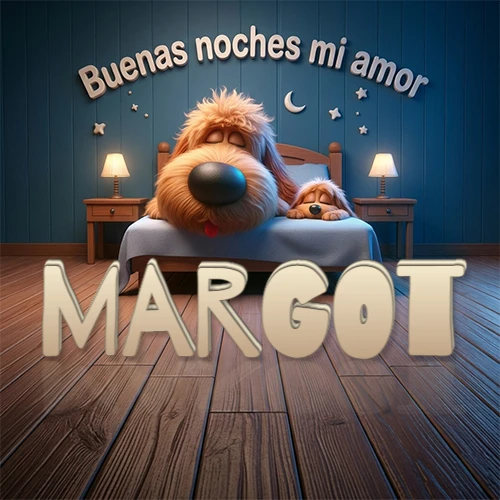 Dos perros de raza de pelaje espeso durmiendo juntos plácidamente en una cama cómoda, sobre ellos la frase 'Buenas noches mi amor' en una pared azul tranquila decorada con estrellas y una pequeña luna, con lámparas laterales cálidas. El nombre está en un prominente texto 3D en el piso de madera frente a la cama. Nombre personalizado: Margot.