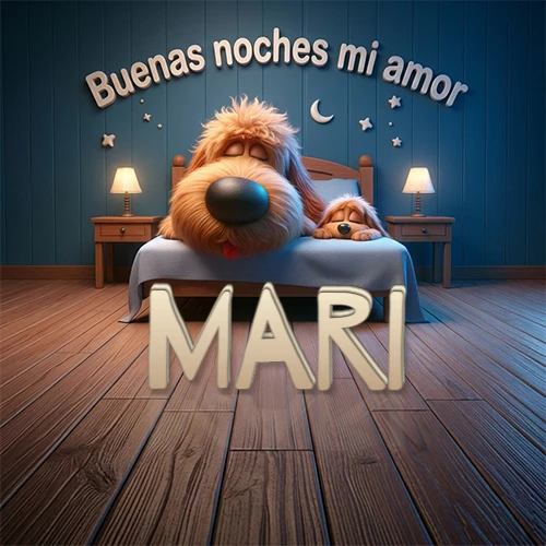 Dos perros de raza de pelaje espeso durmiendo juntos plácidamente en una cama cómoda, sobre ellos la frase 'Buenas noches mi amor' en una pared azul tranquila decorada con estrellas y una pequeña luna, con lámparas laterales cálidas. El nombre está en un prominente texto 3D en el piso de madera frente a la cama. Nombre personalizado: Mari. Dos perros de raza de pelaje espeso durmiendo juntos plácidamente en una cama cómoda, sobre ellos la frase 'Buenas noches mi amor' en una pared azul tranquila decorada con estrellas y una pequeña luna, con lámparas laterales cálidas. El nombre está en un prominente texto 3D en el piso de madera frente a la cama. Nombre personalizado: Mari.