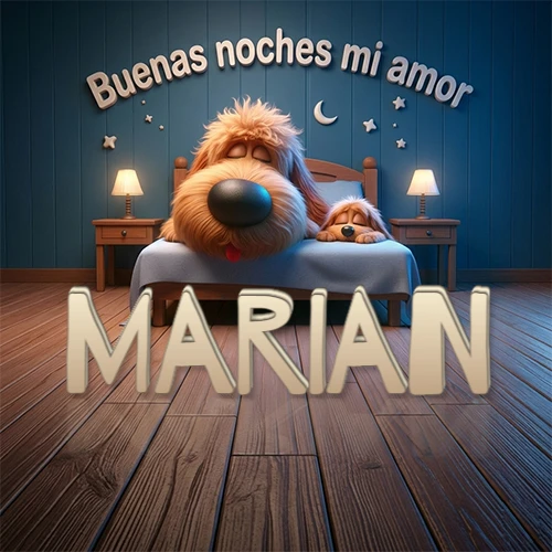 Dos perros de raza de pelaje espeso durmiendo juntos plácidamente en una cama cómoda, sobre ellos la frase 'Buenas noches mi amor' en una pared azul tranquila decorada con estrellas y una pequeña luna, con lámparas laterales cálidas. El nombre está en un prominente texto 3D en el piso de madera frente a la cama. Nombre personalizado: Marian. Dos perros de raza de pelaje espeso durmiendo juntos plácidamente en una cama cómoda, sobre ellos la frase 'Buenas noches mi amor' en una pared azul tranquila decorada con estrellas y una pequeña luna, con lámparas laterales cálidas. El nombre está en un prominente texto 3D en el piso de madera frente a la cama. Nombre personalizado: Marian.