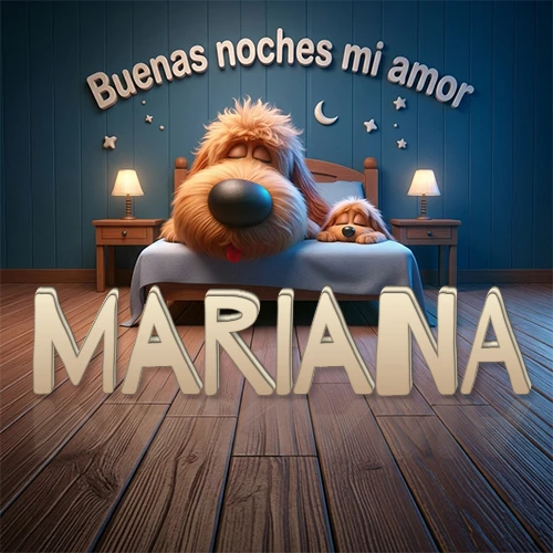 Dos perros de raza de pelaje espeso durmiendo juntos plácidamente en una cama cómoda, sobre ellos la frase 'Buenas noches mi amor' en una pared azul tranquila decorada con estrellas y una pequeña luna, con lámparas laterales cálidas. El nombre está en un prominente texto 3D en el piso de madera frente a la cama. Nombre personalizado: Mariana.