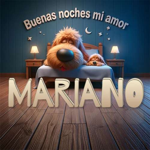 Dos perros de raza de pelaje espeso durmiendo juntos plácidamente en una cama cómoda, sobre ellos la frase 'Buenas noches mi amor' en una pared azul tranquila decorada con estrellas y una pequeña luna, con lámparas laterales cálidas. El nombre está en un prominente texto 3D en el piso de madera frente a la cama. Nombre personalizado: Mariano.