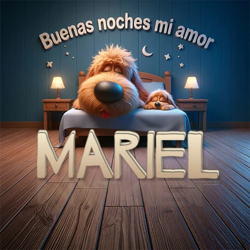 Dos perros de raza de pelaje espeso durmiendo juntos plácidamente en una cama cómoda, sobre ellos la frase 'Buenas noches mi amor' en una pared azul tranquila decorada con estrellas y una pequeña luna, con lámparas laterales cálidas. El nombre está en un prominente texto 3D en el piso de madera frente a la cama. Nombre personalizado: Mariel.