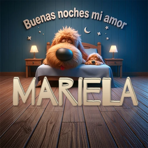 Dos perros de raza de pelaje espeso durmiendo juntos plácidamente en una cama cómoda, sobre ellos la frase 'Buenas noches mi amor' en una pared azul tranquila decorada con estrellas y una pequeña luna, con lámparas laterales cálidas. El nombre está en un prominente texto 3D en el piso de madera frente a la cama. Nombre personalizado: Mariela. Dos perros de raza de pelaje espeso durmiendo juntos plácidamente en una cama cómoda, sobre ellos la frase 'Buenas noches mi amor' en una pared azul tranquila decorada con estrellas y una pequeña luna, con lámparas laterales cálidas. El nombre está en un prominente texto 3D en el piso de madera frente a la cama. Nombre personalizado: Mariela.