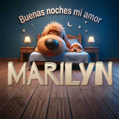 Dos perros de raza de pelaje espeso durmiendo juntos plácidamente en una cama cómoda, sobre ellos la frase 'Buenas noches mi amor' en una pared azul tranquila decorada con estrellas y una pequeña luna, con lámparas laterales cálidas. El nombre está en un prominente texto 3D en el piso de madera frente a la cama. Nombre personalizado: Marilyn. Dos perros de raza de pelaje espeso durmiendo juntos plácidamente en una cama cómoda, sobre ellos la frase 'Buenas noches mi amor' en una pared azul tranquila decorada con estrellas y una pequeña luna, con lámparas laterales cálidas. El nombre está en un prominente texto 3D en el piso de madera frente a la cama. Nombre personalizado: Marilyn.
