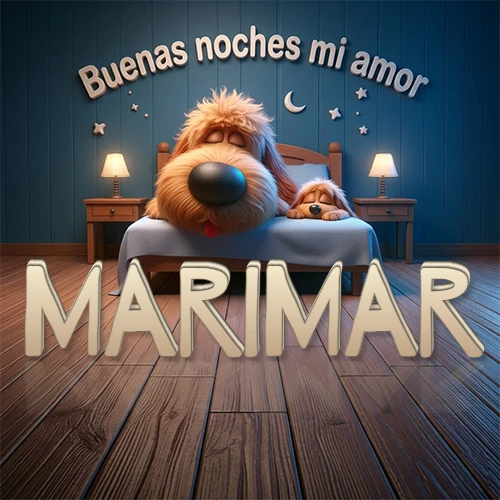 Dos perros de raza de pelaje espeso durmiendo juntos plácidamente en una cama cómoda, sobre ellos la frase 'Buenas noches mi amor' en una pared azul tranquila decorada con estrellas y una pequeña luna, con lámparas laterales cálidas. El nombre está en un prominente texto 3D en el piso de madera frente a la cama. Nombre personalizado: Marimar.