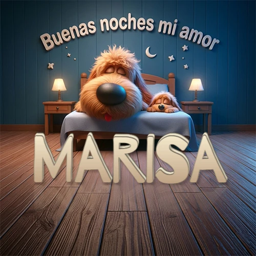 Dos perros de raza de pelaje espeso durmiendo juntos plácidamente en una cama cómoda, sobre ellos la frase 'Buenas noches mi amor' en una pared azul tranquila decorada con estrellas y una pequeña luna, con lámparas laterales cálidas. El nombre está en un prominente texto 3D en el piso de madera frente a la cama. Nombre personalizado: Marisa. Dos perros de raza de pelaje espeso durmiendo juntos plácidamente en una cama cómoda, sobre ellos la frase 'Buenas noches mi amor' en una pared azul tranquila decorada con estrellas y una pequeña luna, con lámparas laterales cálidas. El nombre está en un prominente texto 3D en el piso de madera frente a la cama. Nombre personalizado: Marisa.