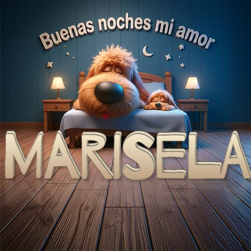 Dos perros de raza de pelaje espeso durmiendo juntos plácidamente en una cama cómoda, sobre ellos la frase 'Buenas noches mi amor' en una pared azul tranquila decorada con estrellas y una pequeña luna, con lámparas laterales cálidas. El nombre está en un prominente texto 3D en el piso de madera frente a la cama. Nombre personalizado: Marisela. Dos perros de raza de pelaje espeso durmiendo juntos plácidamente en una cama cómoda, sobre ellos la frase 'Buenas noches mi amor' en una pared azul tranquila decorada con estrellas y una pequeña luna, con lámparas laterales cálidas. El nombre está en un prominente texto 3D en el piso de madera frente a la cama. Nombre personalizado: Marisela.
