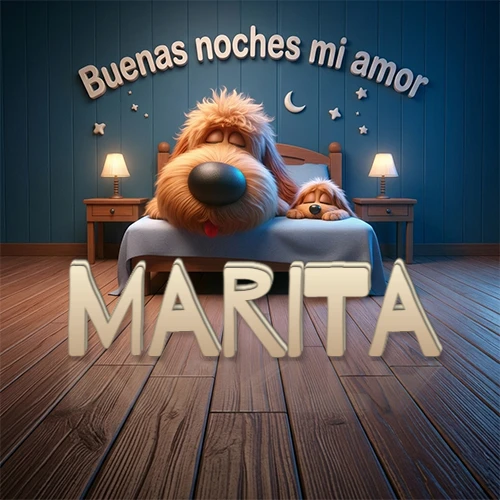 Dos perros de raza de pelaje espeso durmiendo juntos plácidamente en una cama cómoda, sobre ellos la frase 'Buenas noches mi amor' en una pared azul tranquila decorada con estrellas y una pequeña luna, con lámparas laterales cálidas. El nombre está en un prominente texto 3D en el piso de madera frente a la cama. Nombre personalizado: Marita. Dos perros de raza de pelaje espeso durmiendo juntos plácidamente en una cama cómoda, sobre ellos la frase 'Buenas noches mi amor' en una pared azul tranquila decorada con estrellas y una pequeña luna, con lámparas laterales cálidas. El nombre está en un prominente texto 3D en el piso de madera frente a la cama. Nombre personalizado: Marita.
