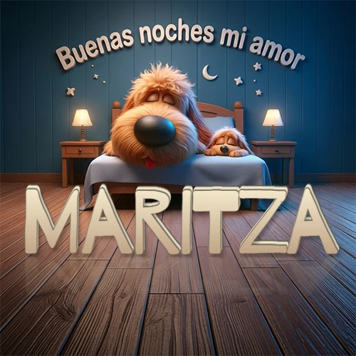 Dos perros de raza de pelaje espeso durmiendo juntos plácidamente en una cama cómoda, sobre ellos la frase 'Buenas noches mi amor' en una pared azul tranquila decorada con estrellas y una pequeña luna, con lámparas laterales cálidas. El nombre está en un prominente texto 3D en el piso de madera frente a la cama. Nombre personalizado: Maritza.