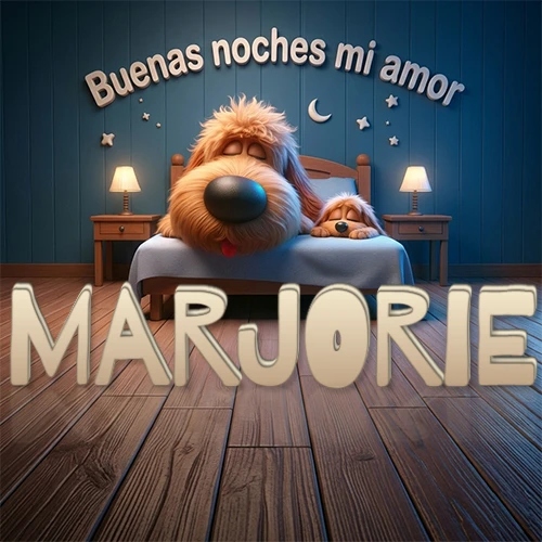 Dos perros de raza de pelaje espeso durmiendo juntos plácidamente en una cama cómoda, sobre ellos la frase 'Buenas noches mi amor' en una pared azul tranquila decorada con estrellas y una pequeña luna, con lámparas laterales cálidas. El nombre está en un prominente texto 3D en el piso de madera frente a la cama. Nombre personalizado: Marjorie.