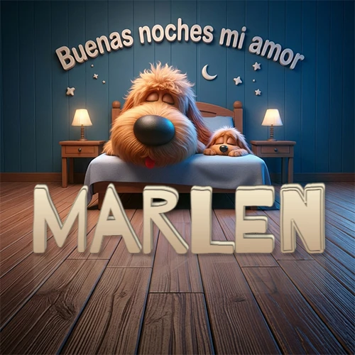 Dos perros de raza de pelaje espeso durmiendo juntos plácidamente en una cama cómoda, sobre ellos la frase 'Buenas noches mi amor' en una pared azul tranquila decorada con estrellas y una pequeña luna, con lámparas laterales cálidas. El nombre está en un prominente texto 3D en el piso de madera frente a la cama. Nombre personalizado: Marlen.
