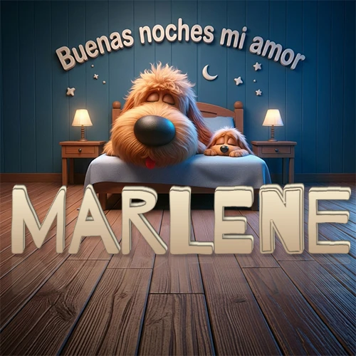 Dos perros de raza de pelaje espeso durmiendo juntos plácidamente en una cama cómoda, sobre ellos la frase 'Buenas noches mi amor' en una pared azul tranquila decorada con estrellas y una pequeña luna, con lámparas laterales cálidas. El nombre está en un prominente texto 3D en el piso de madera frente a la cama. Nombre personalizado: Marlene.
