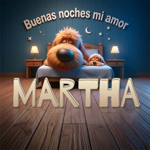 Dos perros de raza de pelaje espeso durmiendo juntos plácidamente en una cama cómoda, sobre ellos la frase 'Buenas noches mi amor' en una pared azul tranquila decorada con estrellas y una pequeña luna, con lámparas laterales cálidas. El nombre está en un prominente texto 3D en el piso de madera frente a la cama. Nombre personalizado: Martha.