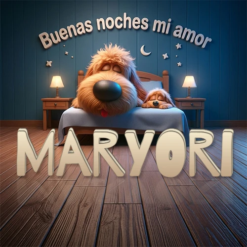 Dos perros de raza de pelaje espeso durmiendo juntos plácidamente en una cama cómoda, sobre ellos la frase 'Buenas noches mi amor' en una pared azul tranquila decorada con estrellas y una pequeña luna, con lámparas laterales cálidas. El nombre está en un prominente texto 3D en el piso de madera frente a la cama. Nombre personalizado: Maryori.