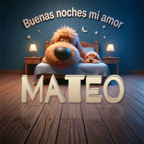Dos perros de raza de pelaje espeso durmiendo juntos plácidamente en una cama cómoda, sobre ellos la frase 'Buenas noches mi amor' en una pared azul tranquila decorada con estrellas y una pequeña luna, con lámparas laterales cálidas. El nombre está en un prominente texto 3D en el piso de madera frente a la cama. Nombre personalizado: Mateo.
