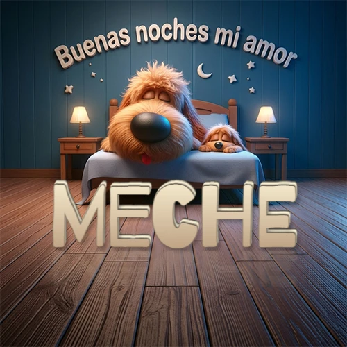 Dos perros de raza de pelaje espeso durmiendo juntos plácidamente en una cama cómoda, sobre ellos la frase 'Buenas noches mi amor' en una pared azul tranquila decorada con estrellas y una pequeña luna, con lámparas laterales cálidas. El nombre está en un prominente texto 3D en el piso de madera frente a la cama. Nombre personalizado: Meche.