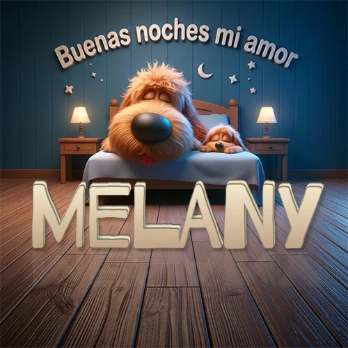 Dos perros de raza de pelaje espeso durmiendo juntos plácidamente en una cama cómoda, sobre ellos la frase 'Buenas noches mi amor' en una pared azul tranquila decorada con estrellas y una pequeña luna, con lámparas laterales cálidas. El nombre está en un prominente texto 3D en el piso de madera frente a la cama. Nombre personalizado: Melany.