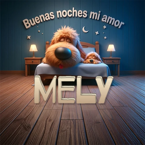 Dos perros de raza de pelaje espeso durmiendo juntos plácidamente en una cama cómoda, sobre ellos la frase 'Buenas noches mi amor' en una pared azul tranquila decorada con estrellas y una pequeña luna, con lámparas laterales cálidas. El nombre está en un prominente texto 3D en el piso de madera frente a la cama. Nombre personalizado: Mely.