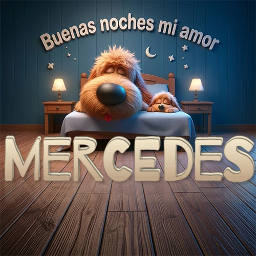 Dos perros de raza de pelaje espeso durmiendo juntos plácidamente en una cama cómoda, sobre ellos la frase 'Buenas noches mi amor' en una pared azul tranquila decorada con estrellas y una pequeña luna, con lámparas laterales cálidas. El nombre está en un prominente texto 3D en el piso de madera frente a la cama. Nombre personalizado: Mercedes.