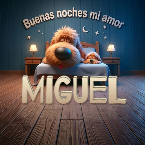 Dos perros de raza de pelaje espeso durmiendo juntos plácidamente en una cama cómoda, sobre ellos la frase 'Buenas noches mi amor' en una pared azul tranquila decorada con estrellas y una pequeña luna, con lámparas laterales cálidas. El nombre está en un prominente texto 3D en el piso de madera frente a la cama. Nombre personalizado: Miguel.