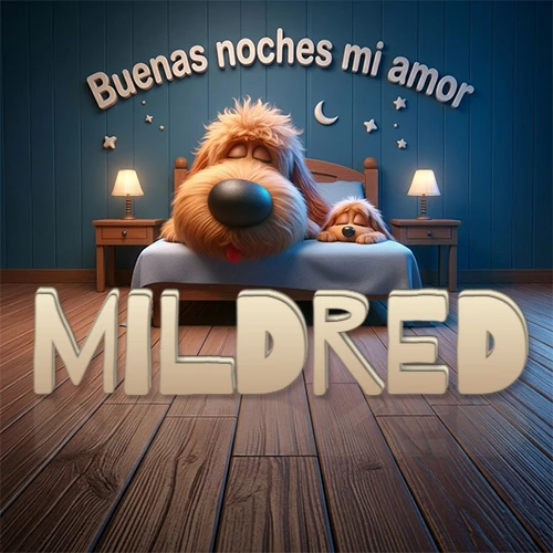 Dos perros de raza de pelaje espeso durmiendo juntos plácidamente en una cama cómoda, sobre ellos la frase 'Buenas noches mi amor' en una pared azul tranquila decorada con estrellas y una pequeña luna, con lámparas laterales cálidas. El nombre está en un prominente texto 3D en el piso de madera frente a la cama. Nombre personalizado: Mildred. Dos perros de raza de pelaje espeso durmiendo juntos plácidamente en una cama cómoda, sobre ellos la frase 'Buenas noches mi amor' en una pared azul tranquila decorada con estrellas y una pequeña luna, con lámparas laterales cálidas. El nombre está en un prominente texto 3D en el piso de madera frente a la cama. Nombre personalizado: Mildred.
