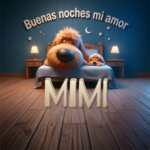 Dos perros de raza de pelaje espeso durmiendo juntos plácidamente en una cama cómoda, sobre ellos la frase 'Buenas noches mi amor' en una pared azul tranquila decorada con estrellas y una pequeña luna, con lámparas laterales cálidas. El nombre está en un prominente texto 3D en el piso de madera frente a la cama. Nombre personalizado: Mimi.