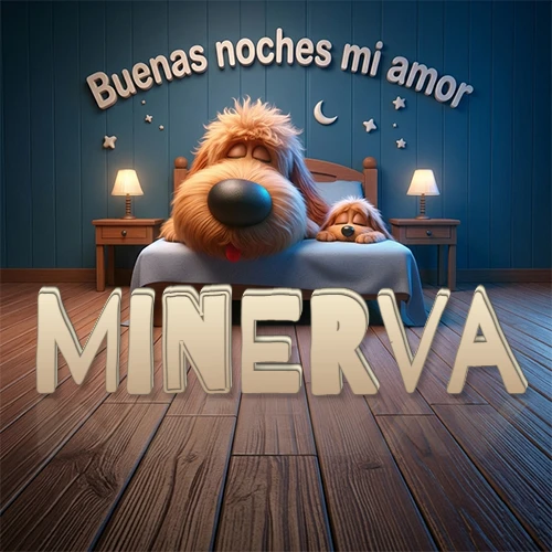 Dos perros de raza de pelaje espeso durmiendo juntos plácidamente en una cama cómoda, sobre ellos la frase 'Buenas noches mi amor' en una pared azul tranquila decorada con estrellas y una pequeña luna, con lámparas laterales cálidas. El nombre está en un prominente texto 3D en el piso de madera frente a la cama. Nombre personalizado: Minerva.