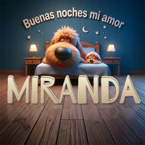 Dos perros de raza de pelaje espeso durmiendo juntos plácidamente en una cama cómoda, sobre ellos la frase 'Buenas noches mi amor' en una pared azul tranquila decorada con estrellas y una pequeña luna, con lámparas laterales cálidas. El nombre está en un prominente texto 3D en el piso de madera frente a la cama. Nombre personalizado: Miranda.