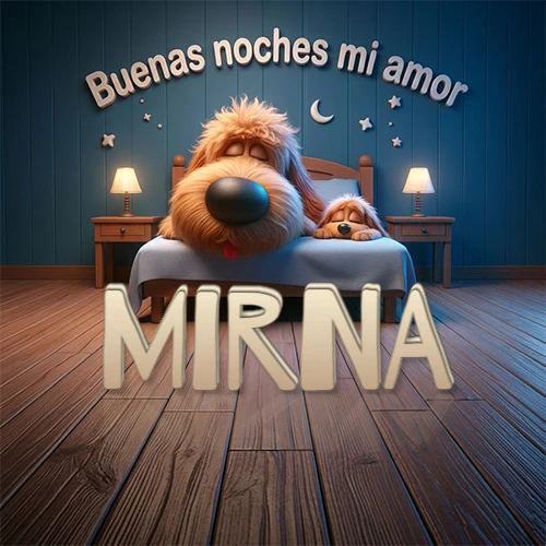 Dos perros de raza de pelaje espeso durmiendo juntos plácidamente en una cama cómoda, sobre ellos la frase 'Buenas noches mi amor' en una pared azul tranquila decorada con estrellas y una pequeña luna, con lámparas laterales cálidas. El nombre está en un prominente texto 3D en el piso de madera frente a la cama. Nombre personalizado: Mirna.