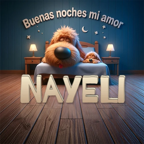 Dos perros de raza de pelaje espeso durmiendo juntos plácidamente en una cama cómoda, sobre ellos la frase 'Buenas noches mi amor' en una pared azul tranquila decorada con estrellas y una pequeña luna, con lámparas laterales cálidas. El nombre está en un prominente texto 3D en el piso de madera frente a la cama. Nombre personalizado: Nayeli. Dos perros de raza de pelaje espeso durmiendo juntos plácidamente en una cama cómoda, sobre ellos la frase 'Buenas noches mi amor' en una pared azul tranquila decorada con estrellas y una pequeña luna, con lámparas laterales cálidas. El nombre está en un prominente texto 3D en el piso de madera frente a la cama. Nombre personalizado: Nayeli.
