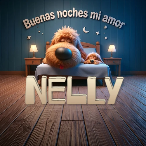 Dos perros de raza de pelaje espeso durmiendo juntos plácidamente en una cama cómoda, sobre ellos la frase 'Buenas noches mi amor' en una pared azul tranquila decorada con estrellas y una pequeña luna, con lámparas laterales cálidas. El nombre está en un prominente texto 3D en el piso de madera frente a la cama. Nombre personalizado: Nelly. Dos perros de raza de pelaje espeso durmiendo juntos plácidamente en una cama cómoda, sobre ellos la frase 'Buenas noches mi amor' en una pared azul tranquila decorada con estrellas y una pequeña luna, con lámparas laterales cálidas. El nombre está en un prominente texto 3D en el piso de madera frente a la cama. Nombre personalizado: Nelly.