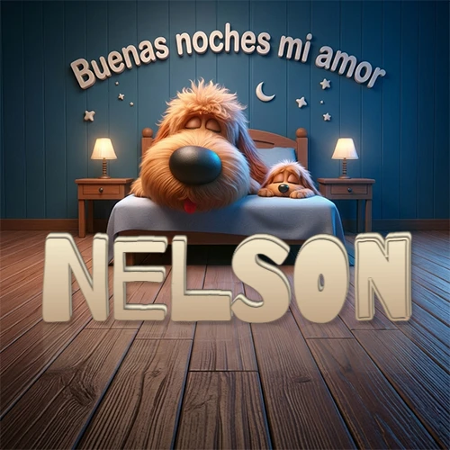 Dos perros de raza de pelaje espeso durmiendo juntos plácidamente en una cama cómoda, sobre ellos la frase 'Buenas noches mi amor' en una pared azul tranquila decorada con estrellas y una pequeña luna, con lámparas laterales cálidas. El nombre está en un prominente texto 3D en el piso de madera frente a la cama. Nombre personalizado: Nelson.