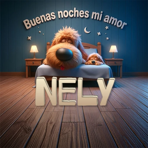 Dos perros de raza de pelaje espeso durmiendo juntos plácidamente en una cama cómoda, sobre ellos la frase 'Buenas noches mi amor' en una pared azul tranquila decorada con estrellas y una pequeña luna, con lámparas laterales cálidas. El nombre está en un prominente texto 3D en el piso de madera frente a la cama. Nombre personalizado: Nely.