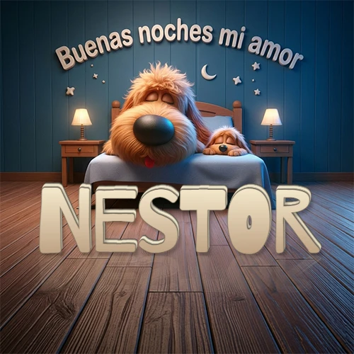 Dos perros de raza de pelaje espeso durmiendo juntos plácidamente en una cama cómoda, sobre ellos la frase 'Buenas noches mi amor' en una pared azul tranquila decorada con estrellas y una pequeña luna, con lámparas laterales cálidas. El nombre está en un prominente texto 3D en el piso de madera frente a la cama. Nombre personalizado: Nestor.