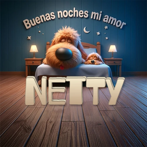Dos perros de raza de pelaje espeso durmiendo juntos plácidamente en una cama cómoda, sobre ellos la frase 'Buenas noches mi amor' en una pared azul tranquila decorada con estrellas y una pequeña luna, con lámparas laterales cálidas. El nombre está en un prominente texto 3D en el piso de madera frente a la cama. Nombre personalizado: Netty.