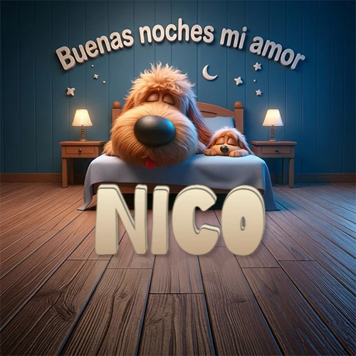 Dos perros de raza de pelaje espeso durmiendo juntos plácidamente en una cama cómoda, sobre ellos la frase 'Buenas noches mi amor' en una pared azul tranquila decorada con estrellas y una pequeña luna, con lámparas laterales cálidas. El nombre está en un prominente texto 3D en el piso de madera frente a la cama. Nombre personalizado: Nico.