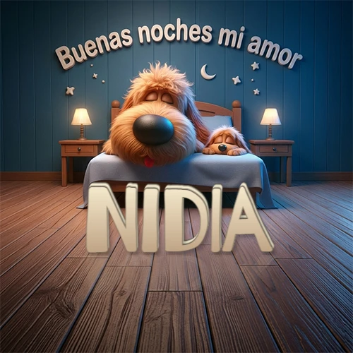 Dos perros de raza de pelaje espeso durmiendo juntos plácidamente en una cama cómoda, sobre ellos la frase 'Buenas noches mi amor' en una pared azul tranquila decorada con estrellas y una pequeña luna, con lámparas laterales cálidas. El nombre está en un prominente texto 3D en el piso de madera frente a la cama. Nombre personalizado: Nidia.