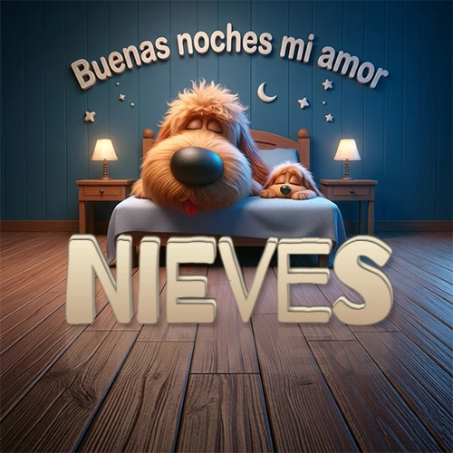 Dos perros de raza de pelaje espeso durmiendo juntos plácidamente en una cama cómoda, sobre ellos la frase 'Buenas noches mi amor' en una pared azul tranquila decorada con estrellas y una pequeña luna, con lámparas laterales cálidas. El nombre está en un prominente texto 3D en el piso de madera frente a la cama. Nombre personalizado: Nieves.