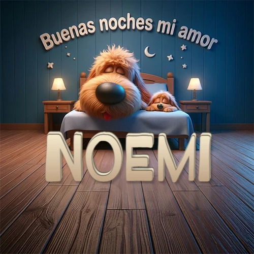 Dos perros de raza de pelaje espeso durmiendo juntos plácidamente en una cama cómoda, sobre ellos la frase 'Buenas noches mi amor' en una pared azul tranquila decorada con estrellas y una pequeña luna, con lámparas laterales cálidas. El nombre está en un prominente texto 3D en el piso de madera frente a la cama. Nombre personalizado: Noemi. Dos perros de raza de pelaje espeso durmiendo juntos plácidamente en una cama cómoda, sobre ellos la frase 'Buenas noches mi amor' en una pared azul tranquila decorada con estrellas y una pequeña luna, con lámparas laterales cálidas. El nombre está en un prominente texto 3D en el piso de madera frente a la cama. Nombre personalizado: Noemi.
