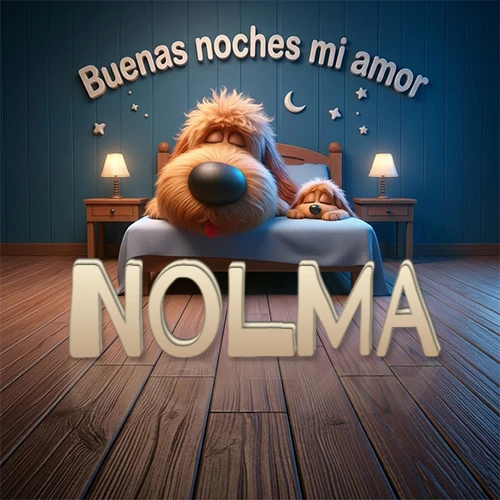 Dos perros de raza de pelaje espeso durmiendo juntos plácidamente en una cama cómoda, sobre ellos la frase 'Buenas noches mi amor' en una pared azul tranquila decorada con estrellas y una pequeña luna, con lámparas laterales cálidas. El nombre está en un prominente texto 3D en el piso de madera frente a la cama. Nombre personalizado: Nolma.
