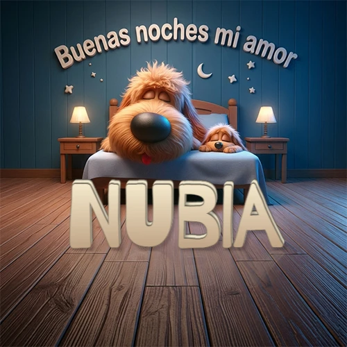 Dos perros de raza de pelaje espeso durmiendo juntos plácidamente en una cama cómoda, sobre ellos la frase 'Buenas noches mi amor' en una pared azul tranquila decorada con estrellas y una pequeña luna, con lámparas laterales cálidas. El nombre está en un prominente texto 3D en el piso de madera frente a la cama. Nombre personalizado: Nubia.