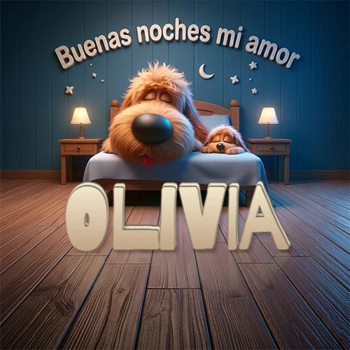 Dos perros de raza de pelaje espeso durmiendo juntos plácidamente en una cama cómoda, sobre ellos la frase 'Buenas noches mi amor' en una pared azul tranquila decorada con estrellas y una pequeña luna, con lámparas laterales cálidas. El nombre está en un prominente texto 3D en el piso de madera frente a la cama. Nombre personalizado: Olivia.