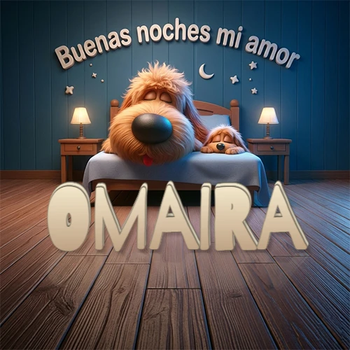 Dos perros de raza de pelaje espeso durmiendo juntos plácidamente en una cama cómoda, sobre ellos la frase 'Buenas noches mi amor' en una pared azul tranquila decorada con estrellas y una pequeña luna, con lámparas laterales cálidas. El nombre está en un prominente texto 3D en el piso de madera frente a la cama. Nombre personalizado: Omaira. Dos perros de raza de pelaje espeso durmiendo juntos plácidamente en una cama cómoda, sobre ellos la frase 'Buenas noches mi amor' en una pared azul tranquila decorada con estrellas y una pequeña luna, con lámparas laterales cálidas. El nombre está en un prominente texto 3D en el piso de madera frente a la cama. Nombre personalizado: Omaira.