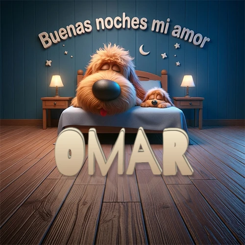 Dos perros de raza de pelaje espeso durmiendo juntos plácidamente en una cama cómoda, sobre ellos la frase 'Buenas noches mi amor' en una pared azul tranquila decorada con estrellas y una pequeña luna, con lámparas laterales cálidas. El nombre está en un prominente texto 3D en el piso de madera frente a la cama. Nombre personalizado: Omar.