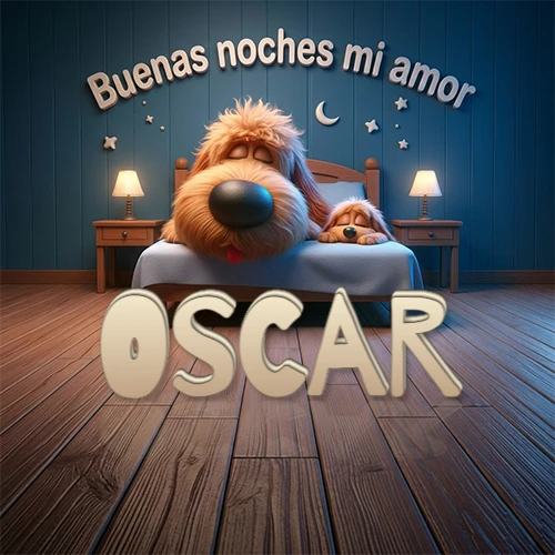 Dos perros de raza de pelaje espeso durmiendo juntos plácidamente en una cama cómoda, sobre ellos la frase 'Buenas noches mi amor' en una pared azul tranquila decorada con estrellas y una pequeña luna, con lámparas laterales cálidas. El nombre está en un prominente texto 3D en el piso de madera frente a la cama. Nombre personalizado: Oscar. Dos perros de raza de pelaje espeso durmiendo juntos plácidamente en una cama cómoda, sobre ellos la frase 'Buenas noches mi amor' en una pared azul tranquila decorada con estrellas y una pequeña luna, con lámparas laterales cálidas. El nombre está en un prominente texto 3D en el piso de madera frente a la cama. Nombre personalizado: Oscar.