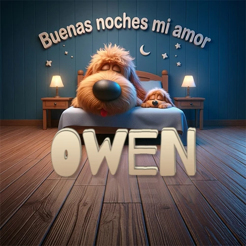 Dos perros de raza de pelaje espeso durmiendo juntos plácidamente en una cama cómoda, sobre ellos la frase 'Buenas noches mi amor' en una pared azul tranquila decorada con estrellas y una pequeña luna, con lámparas laterales cálidas. El nombre está en un prominente texto 3D en el piso de madera frente a la cama. Nombre personalizado: Owen.