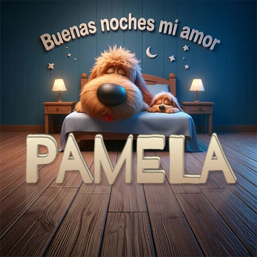 Dos perros de raza de pelaje espeso durmiendo juntos plácidamente en una cama cómoda, sobre ellos la frase 'Buenas noches mi amor' en una pared azul tranquila decorada con estrellas y una pequeña luna, con lámparas laterales cálidas. El nombre está en un prominente texto 3D en el piso de madera frente a la cama. Nombre personalizado: Pamela.